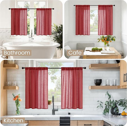 BGment Burgundy Linen Kitchen Curtains 40 Inch Length, Short Semi Sheer Drapes with Rod Pocket for Cafe Bathroom Over Sink Windows Lightweight, 2 Panels Set, Each 42 Inch Wide