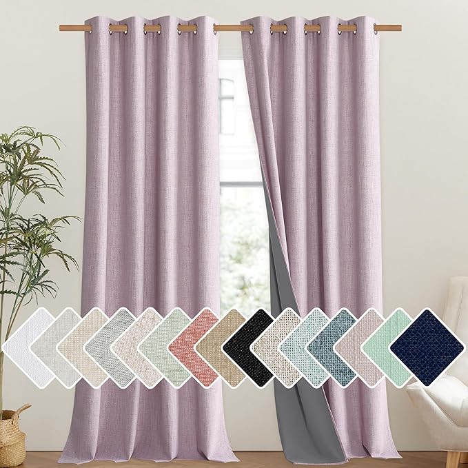 NICETOWN Pink Vintage Linen 100% Blackout Curtains for Living Room, Thermal Insulated Curtains 120" Long, Noise Reducing Window Treatment Drapes for Hall Room, 52" Wide Per Panel, Set of 2