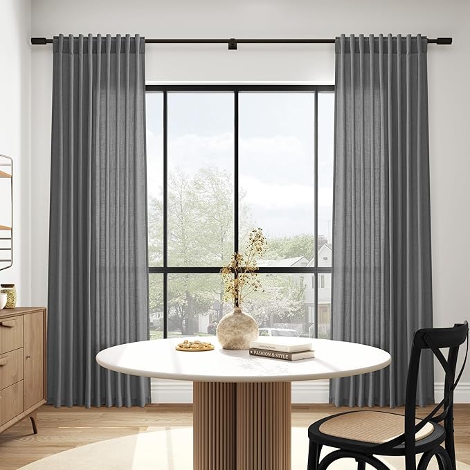 Nanspring Blazer Grey Curtain Linen Blend Light Filtering Back Tab Curtains 96 Inches Long, Semi Sheer Privacy Drapes for Living Room & Bedroom, 52x96 inch, 2 Panels