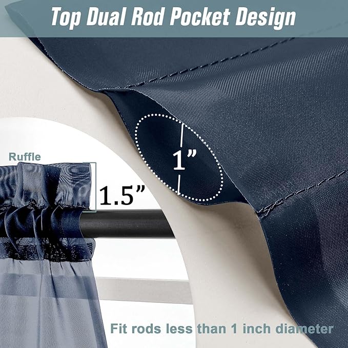 Navy Blue Window Sheer Curtains 54 inch Length, Soft Airy Light Filtering Sheer Curtain 2 Panels Set, Dual Rod Pocket Gauze Drapes for Living Room Bedroom, 2x42Wx54L Inches
