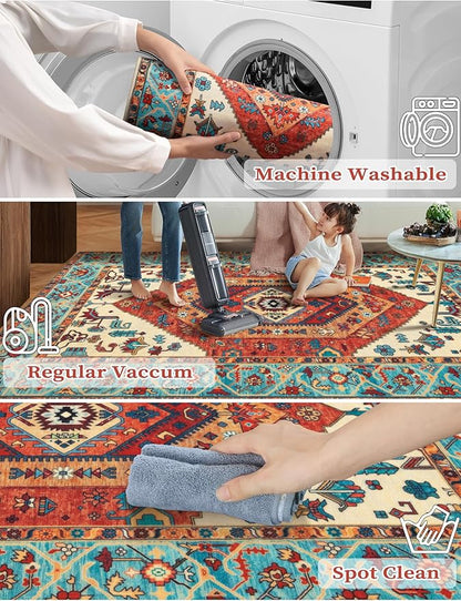 SERISSA Boho Washable Runner Rug, 2x6 Rug Runner Non-Slip Vintage Orange Hallway Kitchen Runner Rug Ultra Soft Print Distressed Tribal Floor Carpet Runner for Bedroom Bathroom Laundry Living Room