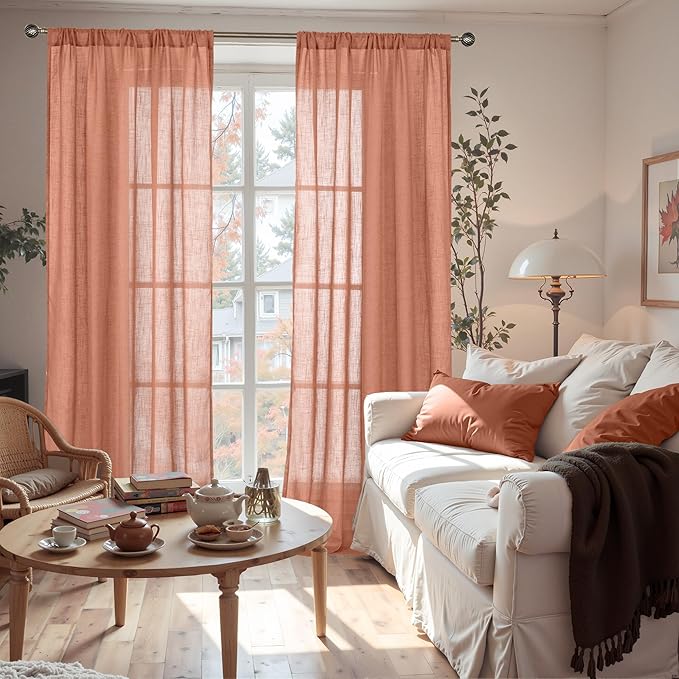 BGment Terracotta Linen Curtains for Living Room 84 Inch Length, Semi Sheer Lightweight Rustic Country Window Drapes Textured for Bedroom Farmhouse Decor Rod Pocket, 2 Panels Set, Each 38 Inch Wide