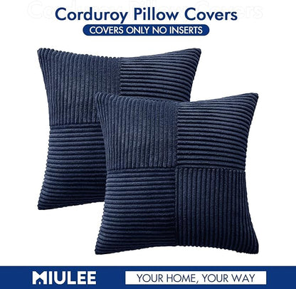 MIULEE Navy Blue Decorative Throw Pillow Covers 16x16 Inch for Couch Bed Sofa Pack of 2 Boho Farmhouse Throw Pillows Soft Cross Corduroy Patchwork Textured Cushion Cases