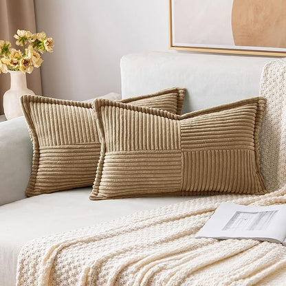 MIULEE Decorative Lumbar Throw Pillow Covers for Couch Bed Livingroom 12x20 Inch Set of 2 Khaki Boho Accent Throw Pllows Broadside Striped Patchwork Soft Corduroy Pillowcases