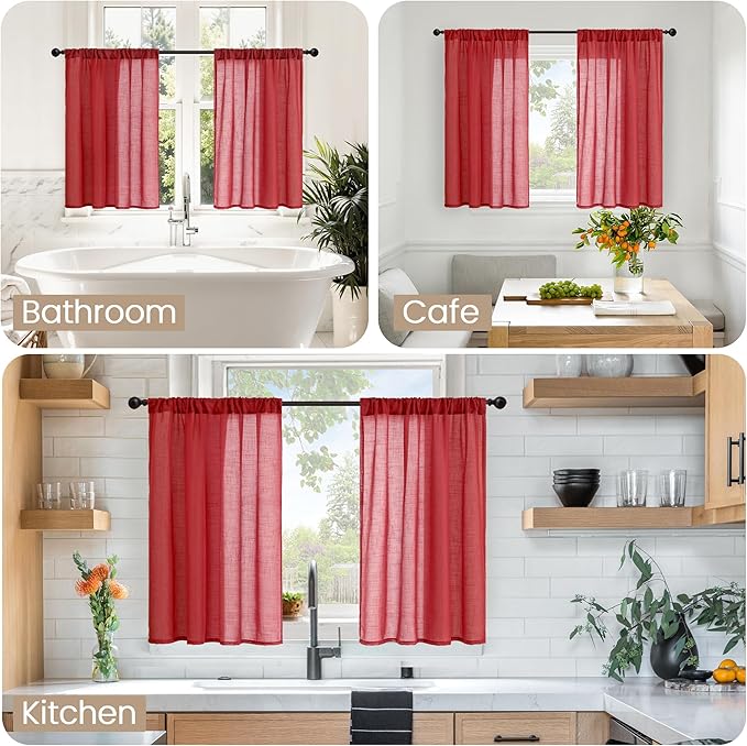 BGment Red Linen Curtains 40 Inch Length for Window, Short Drapes Semi Sheer Textured for Bathroom Kithchen Window with Rod Pocket Lightweight, 2 Panels, Each 42 Inch Wide