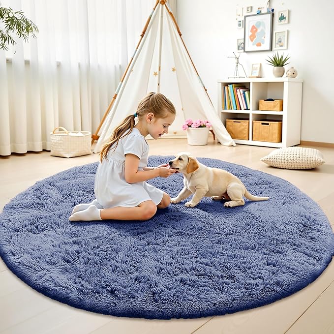 OLANLY Denim Blue Round Rugs for Bedroom - Machine Washable, 6 ft Circle Area Rugs for Living Room, Soft and Fluffy Shaggy Carpet for Teen Girl and Boys, Nursery Rooms, Dorms, Home Decor Aesthetic