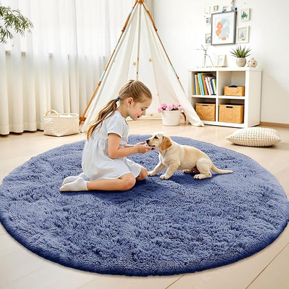 OLANLY Denim Blue Round Rugs for Bedroom - Machine Washable, 8 ft Circle Area Rugs for Living Room, Soft and Fluffy Shaggy Carpet for Teen Girl and Boys, Nursery Rooms, Dorms, Home Decor Aesthetic