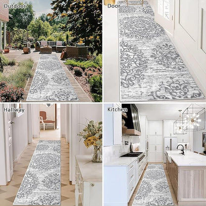 HEBE Hallway Runner Rug 2'x8' Washable Vintage Distressed Area Rugs Non Slip Laundry Rug Runner Boho Floor Carpet Runners for Hallways Entryway Laundry Room Kitchen Bathroom,Grey