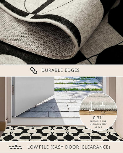 Latte&Fog 3x5 Entryway Rug, Vintage Washable Area Rug, Boho Non Slip Low Pile Throw Carpet for Indoor Bedroom Bedside, Kitchen, Entry and Living Room - Black Beige