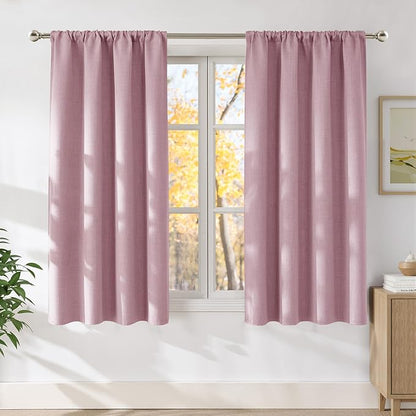 NICETOWN Pink Faux Linen Room Darkening Rod Pocket Curtains 63 inch Length, W42 x L63, Light Blocking Thermal Insulated Noise Reducing Drapes for Bedroom Living Room Farmhouse Decor, 2 Panels