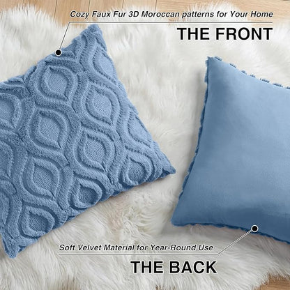 decorUhome Throw Pillow Covers 18x18 Inch Set of 2, Soft Plush Faux Wool Blue Solid Couch Pillow Covers, Accent Farmhouse Neutral Square Pillow Cases for Sofa Bed Living Room