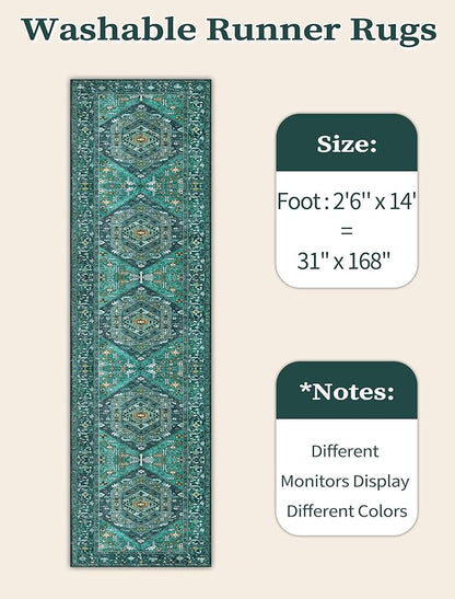 SERISSA Runner Rug for Hallways, 2'6"x14' Washable Non Slip Kitchen Runner Rug, Extra Long Boho Rug Ultra Soft Vintage Teal Print Floor Carpet for Bedroom Hallway Entryway Bathroom Laundry Room