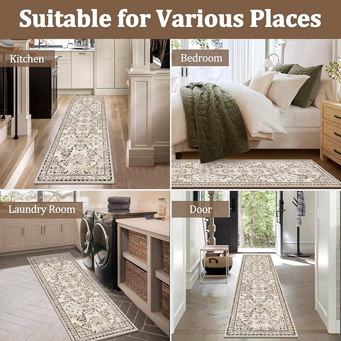 Yamaziot Washable Runner Rug 2x10 – Floral Non Slip Boho Hallway Runner Rug with Rubber Backing, Low Pile Faux Wool Distressed Carpet for Kitchen, Laundry, Bedroom, Entrance, Brown