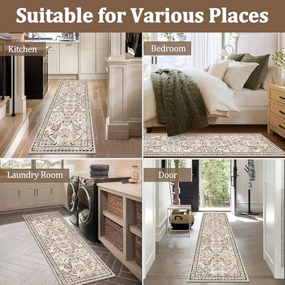 Yamaziot Washable Runner Rug 2x10 – Floral Non Slip Boho Hallway Runner Rug with Rubber Backing, Low Pile Faux Wool Distressed Carpet for Kitchen, Laundry, Bedroom, Entrance, Brown