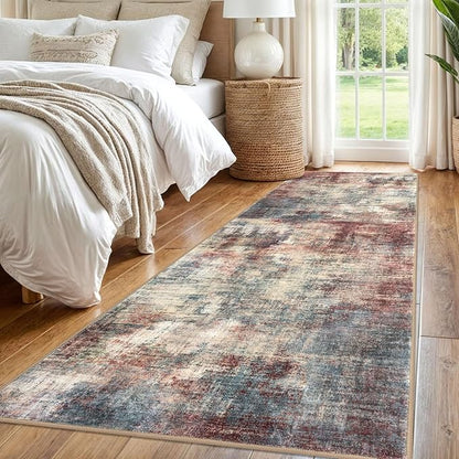 IOHOUZE Abstract Runner Rug 3x8 Ft Washable Runners for Hallways, Non Slip Kitchen Runner Printed Faux Wool Entryway Runner Indoor, Modern Abstract Floor Carpet for Hall Bedroom, Red/Multi