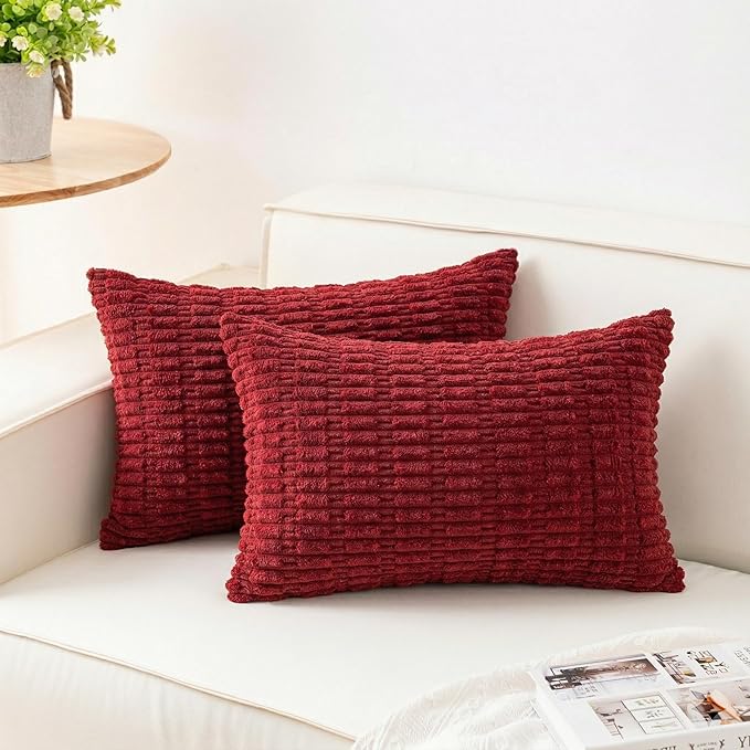 Pack of 2 Corduroy Decorative Throw Pillow Covers 12x20 Inch Soft Striped Pillow Covers Modern Farmhouse Home Decor for Sofa Living Room Couch Bed（Wine Red）