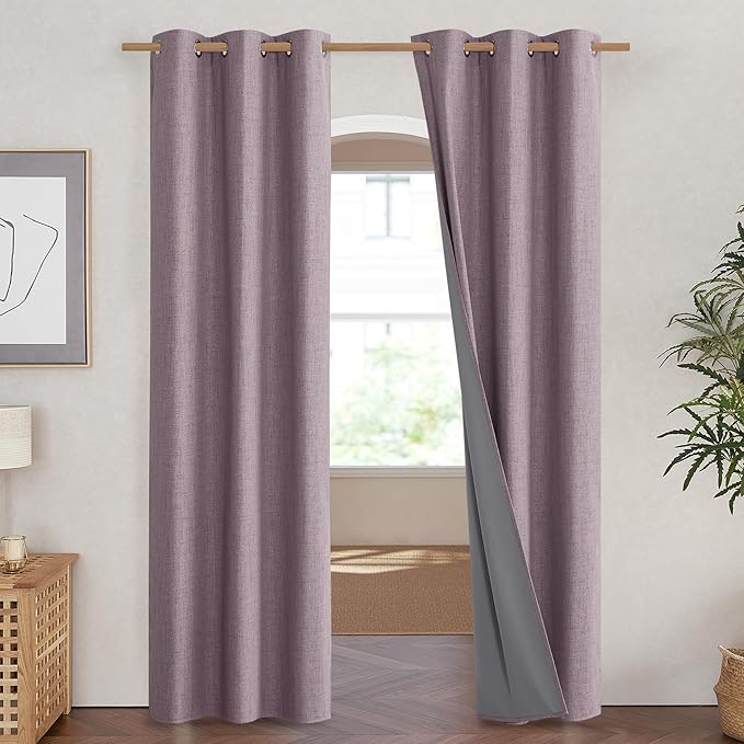 NICETOWN Chaise Mauve Vintage Linen 100% Blackout Curtains for Living Room, Thermal Insulated Curtains 90" Long, Noise Reducing Window Treatment Drapes for Hall Room, 42" Wide Per Panel, Set of 2