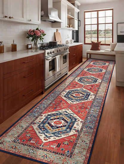 SERISSA Runner Rug for Hallways, 2'6"x14' Washable Non Slip Kitchen Runner Rug, Extra Long Boho Rug Ultra Soft Vintage Rust Print Floor Carpet for Bedroom Hallway Entryway Bathroom Laundry Room