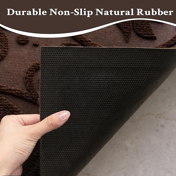 ViveNest Boho Coffee Brown Floral Leaves Outdoor Indoor Entrance Doormats, Absorbent Durable Heavy Duty Welcome Front Door Mat,Thick Natural Rubber Back,Easy Clean Entryway Mat 17x30 Inch, Low Profile