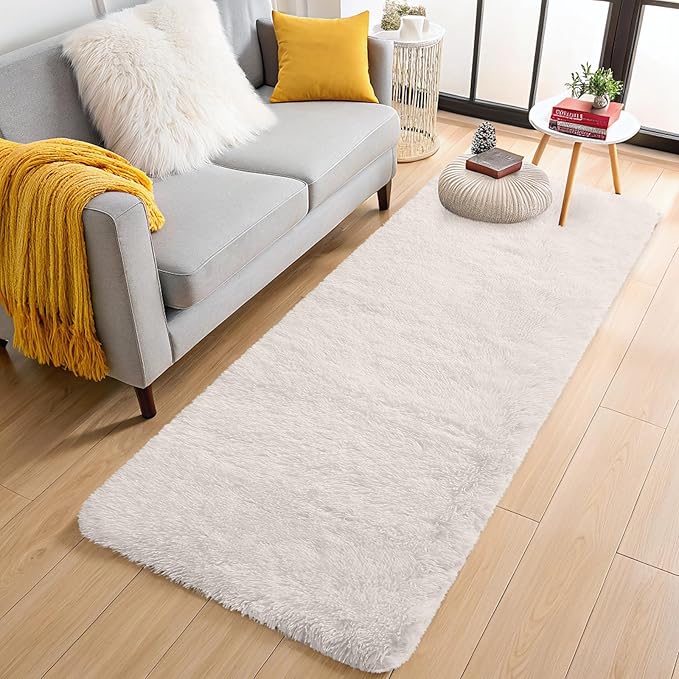 OLANLY 2x10 Machine Washable Runner Rugs for Hallway, Soft Fluffy Shaggy Bedside Rugs for Bedroom, Living Room, Indoor Floor Carpet for Kids Girls and Boys, Nursery Rooms, Home Decor Aesthetic, Ivory