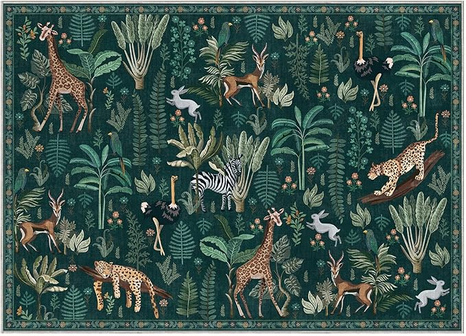 OPPODREAM Animal Soft Area Rugs 5x7, Washable Green Rug with Non Slip Backing, 5 x 7 Faux Cashmere Low-Pile 5x7 Carpet