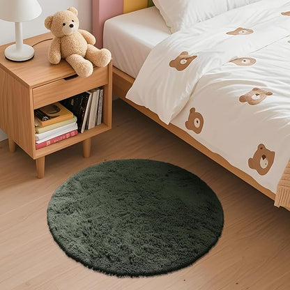OLANLY Olive Green Round Rugs for Bedroom - Machine Washable, 2 ft Circle Area Rugs for Living Room, Soft and Fluffy Shaggy Carpet for Teen Girl and Boys, Nursery Rooms, Dorms, Home Decor Aesthetic