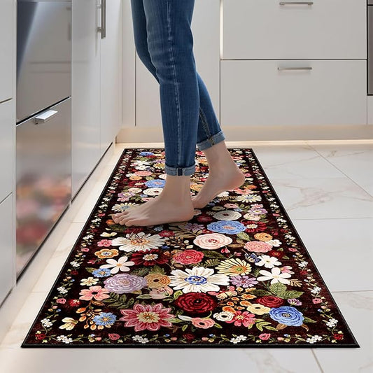 2x5 Entryway Runner Rugs, Non Slip Washable Rugs with Rubber Backing Soft Floral Carpet Runner for Kitchen, Laundry, Bedroom, Bathroom(2 x 5, Black/Brown)