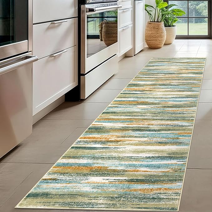 Lansny Modern Abstract Hallway Runner Rug, Green Mustard Multi Washable Kitchen Runner Non-Slip Soft 2x8 Runner Rug Thin Print Faux Wool Carpet for Entryway Bedroom Laundry Room Indoor Home Decor