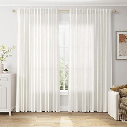 Nanspring Extra Wide Linen Curtains for Living Room Bedroom 84 Inches Long Light Filtering Sheer Curtain for Sliding Door Beige White Farmhouse Decor Drapes Back Tab and Rod Pocket 100x84, 2 Panels