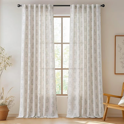 jinchan Linen Floral Curtains for Living Room 96 Inch Length Gray Flower Cottage Core Farmhouse Curtains Rod Pocket Back Tab Boho Semi Sheer Window Drapes Bedroom Set 2 Panels Grey on Beige
