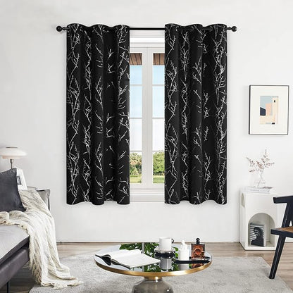 Deconovo Black Out Curtains for Kitchen, 42 x 45 Inch Length 2 Panels Set, Thermal Insulated Soundproof Window Drapes with Silver Print, Grommet Top, Machine Washable Panels for Small Winodw Nursery