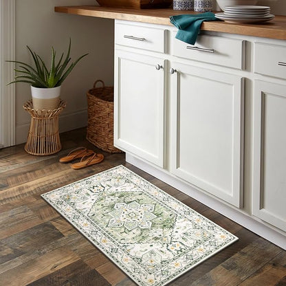 Yamaziot Washable Area Rug, 2x3 Small Entryway Rug Non-Slip Boho Vintage Rug with Rubber Backing, Low Pile Faux Wool Soft Distressed Floor Carpet for Indoor Door Mat, Kitchen, Laundry Bathroom