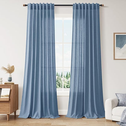 Nanspring Stone Blue Linen Curtains 96 Inches Long for Bedroom Back Tab Modern Simplicity Farmhouse Coastal Decor Light Filtering Curtain for Living Room Dinning Room 52x96 8 FT,2 Panels