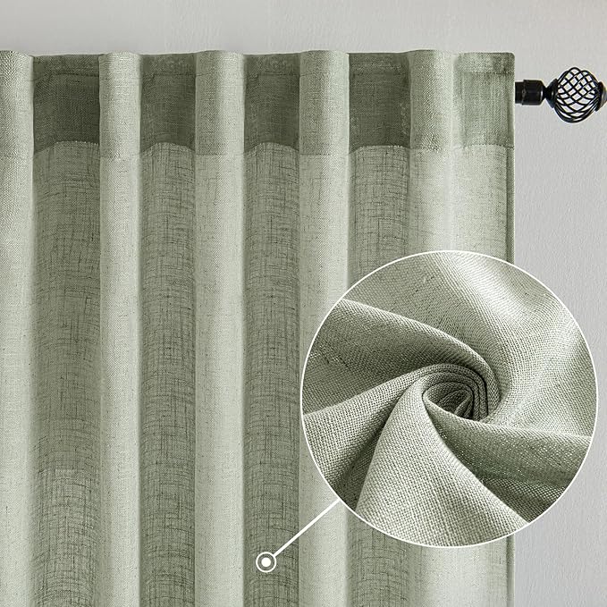 MIULEE Sage Linen Curtains 90 Inch Length 2 Panels for Bedroom Living Room,Green Soft Thick Linen Textured Window Drapes Semi Sheer Light Filtering Back Tab Rod Pocket Burlap Look Decor