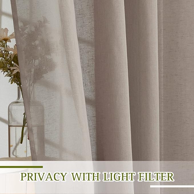 NICETOWN Sheer Linen Curtains for Windows 84 inch Length, (Burlap) Grommet Semi Balance Privacy & Light Vertical Flax Sheer Drapes for Bedroom/Living Room, W52 x L84, 2 Panels