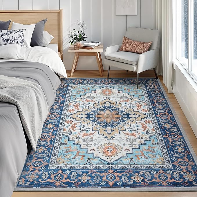 Lofus 5x7 Area Rugs for Living Room, Washable Area Rug, Rugs for Bedroom, Kitchen, Vintage Boho Carpet, Soft Non-Slip, Low Pile Large Area Rug for Office Dining Room, Floral Blue
