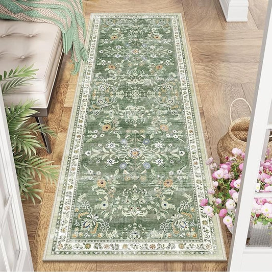 Yamaziot Washable Runner Rug 2x6 – Non Slip Boho Floral Hallway Runner Rug with Rubber Backing, Low Pile Faux Wool Distressed Carpet for Kitchen, Laundry, Bedroom, Entrance, Mottled Green