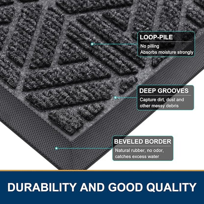 Smiry Front Door Mat Outside Entrance, Heavy Duty Sturdy Natural Rubber Doormat, Trap Dirt and Moisture, Easy Clean Low Profile Mats for Indoor Outdoor Entry, Grid Geometric (47x32, Grey)