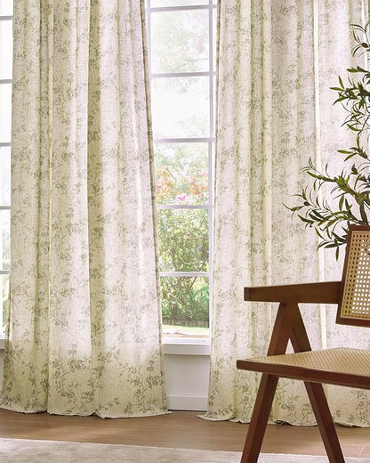 Lazzzy Farmhouse Linen Curtains Extra Long Green Floral Curtains 108 Inch Length Back Tab Drapes for Living Room Bedroom Light Filtering Country Vintage Rod Pocket, 2 Panels, Green on Beige