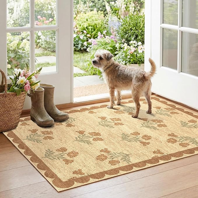 Floral Outdoor Rug - 28" x 43" Front Door Mat Indoor Outside Entrance Non-Slip Washable Outdoor Mat Jute-Look Tan Scalloped Rug for Entryway Kitchen Mudroom Layered Doormat for Front Porch