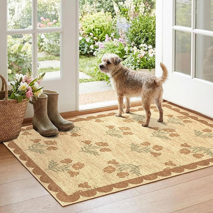 Floral Outdoor Rug - 28" x 43" Front Door Mat Indoor Outside Entrance Non-Slip Washable Outdoor Mat Jute-Look Tan Scalloped Rug for Entryway Kitchen Mudroom Layered Doormat for Front Porch