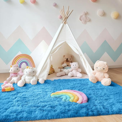 OLANLY Area Rugs for Living Room Bedroom, Machine Washable 4x5.9 ft Soft Fluffy Shaggy Bedside Rug, Indoor Floor Carpet for Kids Girls and Boys, Dorms, Nursery Rooms, Home Decor Aesthetic, Bright Blue