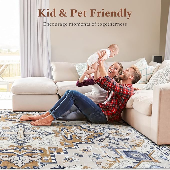 Rugflix 9x12 Area Rug for Living Room, Machine Washable Area Rugs with Non-Slip Backing, Large Soft Boho Vintage Rug for Bedroom, Dining Room, Low Pile Carpet, Kids Pet Friendly, Brown Beige