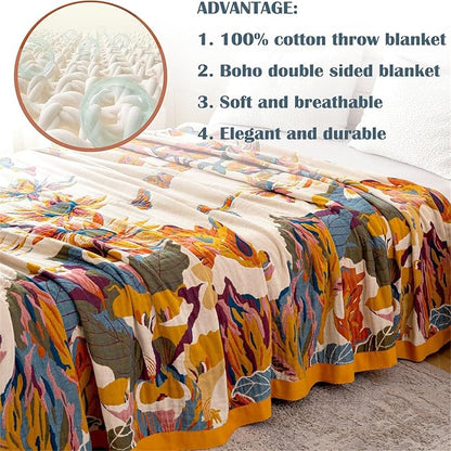 MSGKV Boho Throw Blanket 60''x80'',100% Cotton Blanket for Couch Bed, Spring Breathable Quilt Farmhouse Home Decor Soft Lightweight Picnic Blankets
