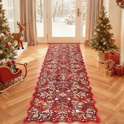 Yamaziot Christmas Runner Rug 2x8 – Red Floral Washable Non-Slip Carpet Runner Christmas Holiday Decor, Soft Low Pile Christmas Rug for Hallway, Kitchen, Entryway