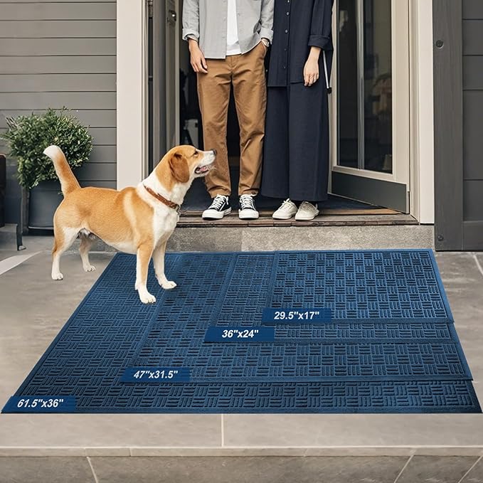 Mibao Front Door Mat Indoor Outdoor Entrance, Dirt Trapping Waterproof All-Season, All-Weather Doormat, Non-Slip Durable Natural Rubber Low Profile Easy Clean Patio Entrance Mat, 29.5" x 17", Blue