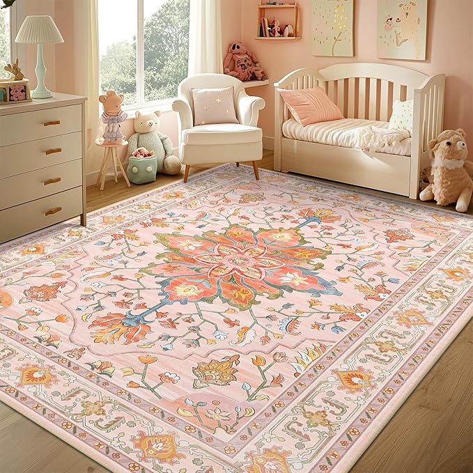 RELEANY Area Rugs 4'x6' Washable Non-Slip, Floral Vintage Distress Print Pattern Medallion Carpet for Living Room Bedroom Dining Room, Light Pink Colorful