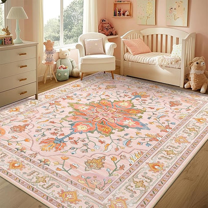 Area Rugs 8'x10' Washable Non-Slip, Floral Vintage Distress Print Pattern Medallion Carpet for Living Room Bedroom Dining Room, Light Pink Colorful