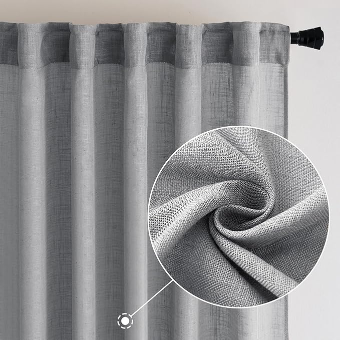 MIULEE Grey Linen Curtains 90 Inch Long for Bedroom Living Room, Soft Thick Linen Textured Window Drapes Gray Semi Sheer Light Filtering Back Tab Rod Pocket Burlap Look Decor, 2 Panels