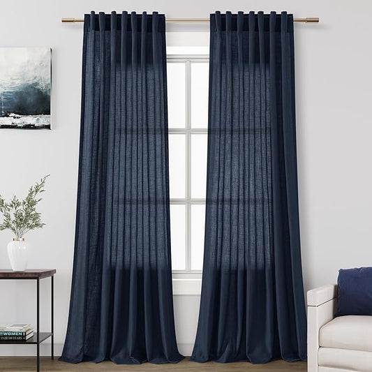 Navy Blue Linen Curtains 90 inch Length for Bedroom Boys Men Back Tab Modern Farmhouse Nautical Decor Blue Sheer Privacy Curtain Panels Set of 2 for Dining Room Indigo